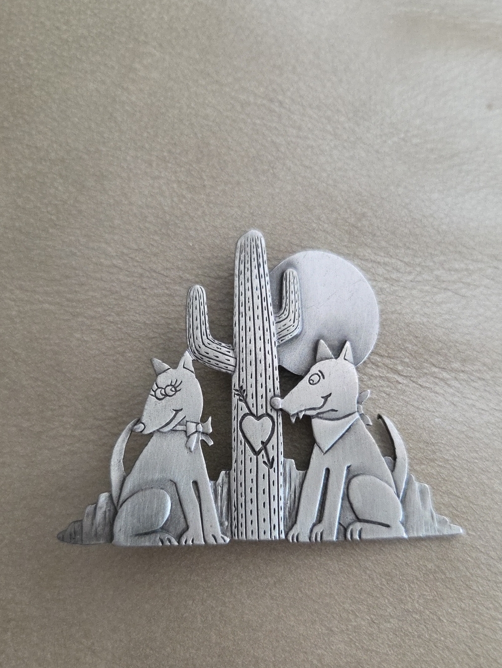 JJ Signed Vintage Silver-Tone Cactus & Dogs Brooch - Whimsical